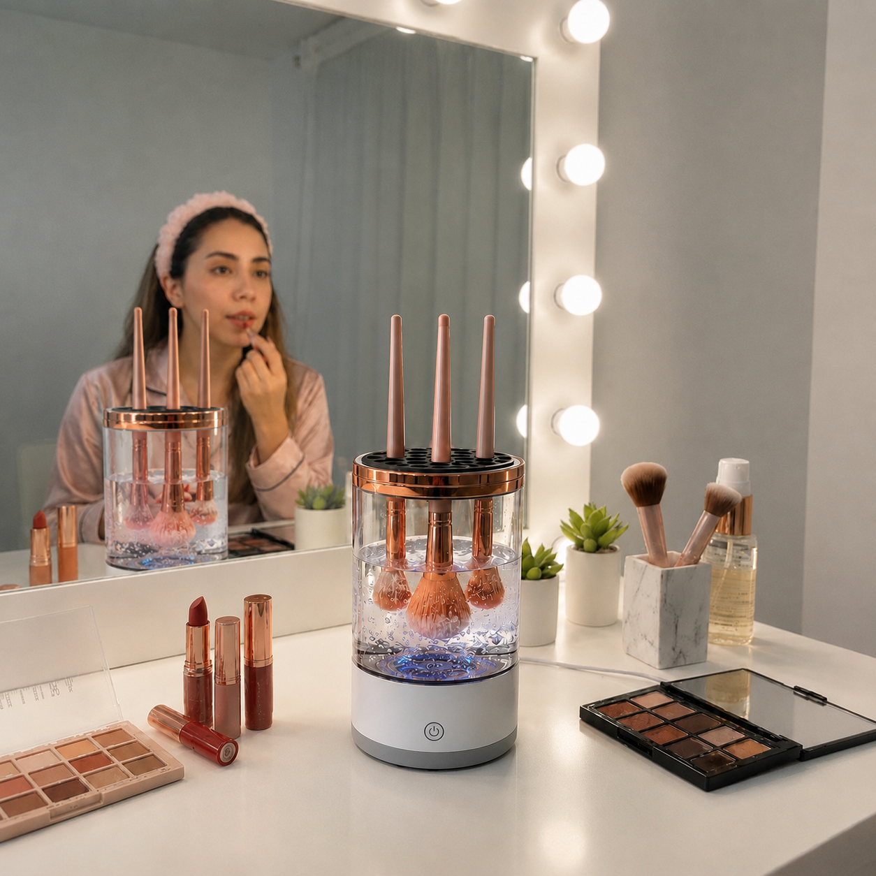 Mujer utilizando el limpiador de brochas de maquillaje frente al espejo de tocador