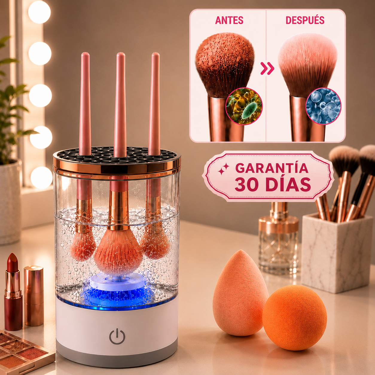 Limpiador de brochas de maquillaje eléctrico con esponja limpiadora, resultado antes y después